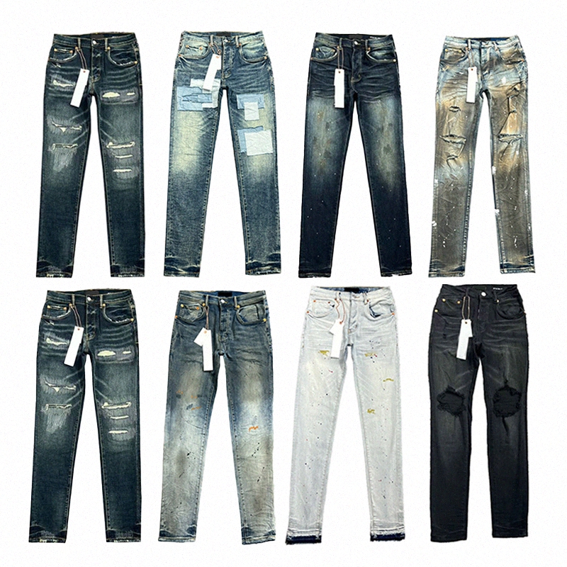 Jeans de créateurs hommes femmes pantalons violet jeans ksubi High Street Purple Retro Paint Spot Slim Feet Micro Elastic Jeans Hip-hop Zipper hi