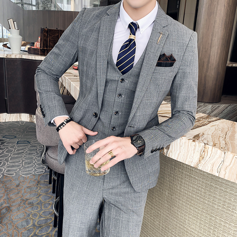 

Men's Suits Blazers 7XL Blazer Vest Pants High-end Brand Plaid Retro Business Suit Groom Wedding Party Slim Suit Fashion British Style Performance 230410, Light grey 2pcs