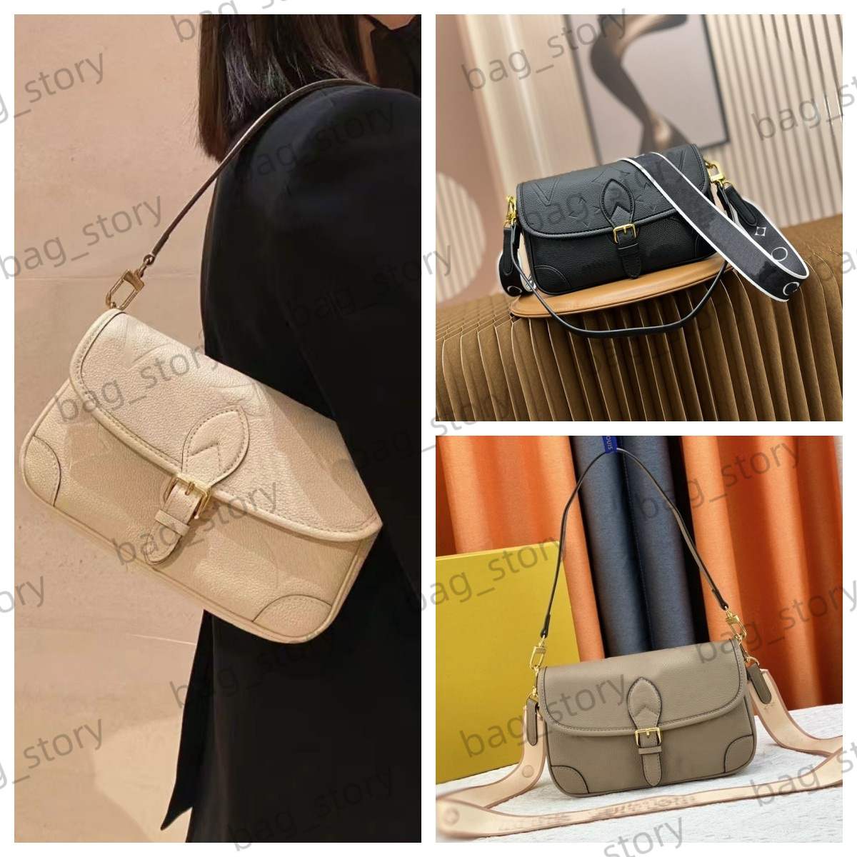 

Women Diane Satchel Underarm Bag Crossbody Bag Monograms Embossed Luxurys Leather Handle Removable Jacquard Strap Shoulder Bags M46388 M46386