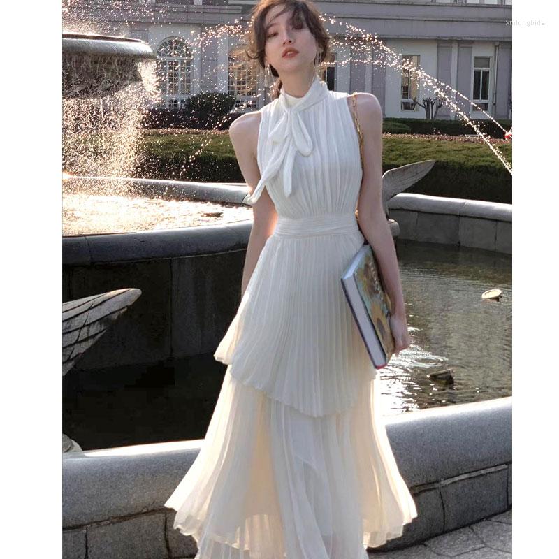 

Casual Dresses 2023 Summer Elegant Sleeveless Women Dress Fashion Vintage Bowtie White Tierred A-Line Party Robe Female Chic Birthday, Dd03700