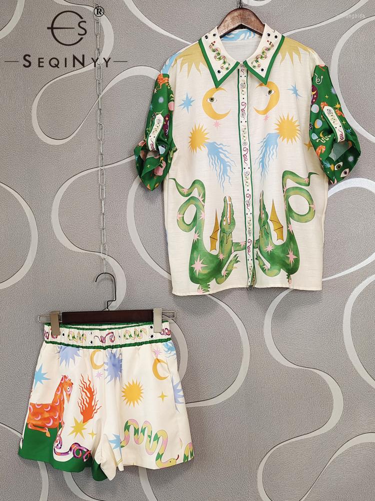 

Women's Tracksuits SEQINYY Holiday Set Summer Spring Fashion Design Women Runway High Street Shirt Shorts Vintage Cartoon Print Casual, Picture shown