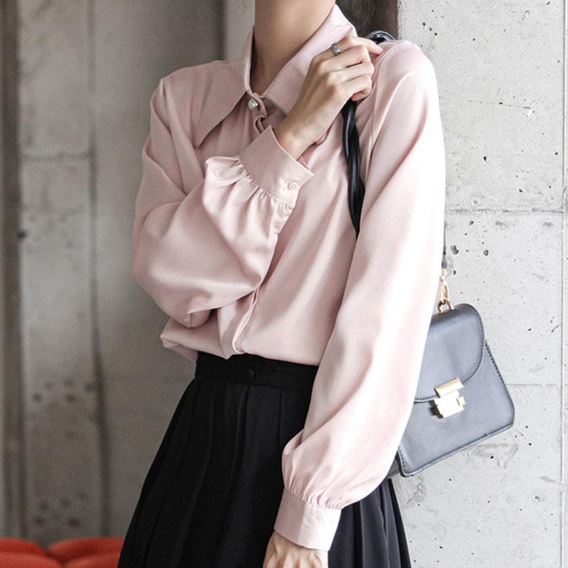 

Women' Blouses Elegantes Loose Long Sleeve White Shirt Bottomed Chiffon Blusas Femme Button Office Lady Wear Pink 1547
