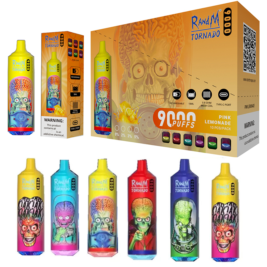

RandM Tornado 9000 Puffs Disposable E Cigarettes Disposable cigarrillos desechables 18ml Pre-filled 850mah Rechargeable Battery Mesh Coil RGB light Authentic