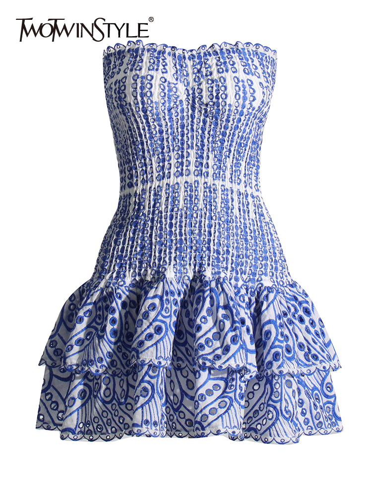 

Casual Dresses TWOTWINSTYLE Cut Out Layered Hem Sexy Dress For Women Strapless Sleeveless Off Shoulder High Waist Mini Female Clothing 230411, White