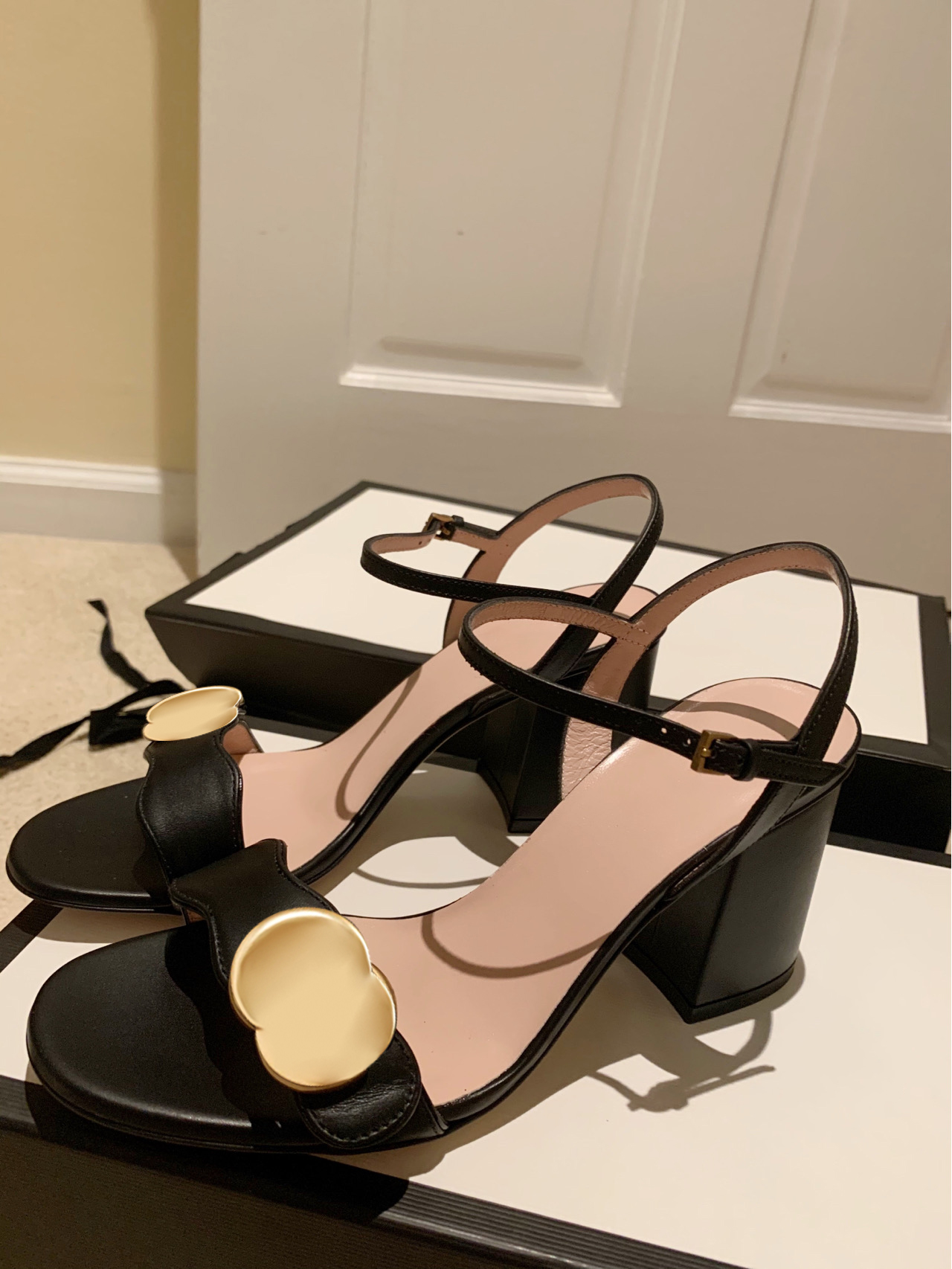 

2023 new designer woman Metallic slide laminate leather high mid thick heel man sandal hardware Adjustable slipper ankle strap temperament office shoes 35-40, #1
