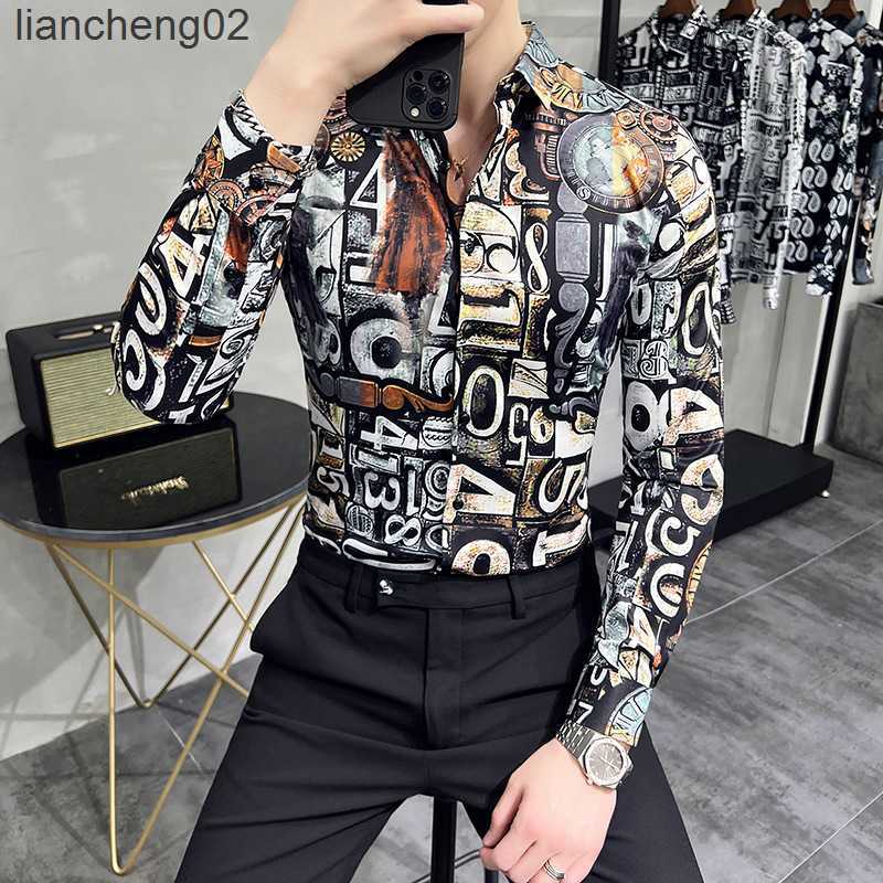 Chemises décontractées pour hommes 2022 automne chemises à manches longues hommes mode lettre imprimer mince décontracté affaires formelle robe c