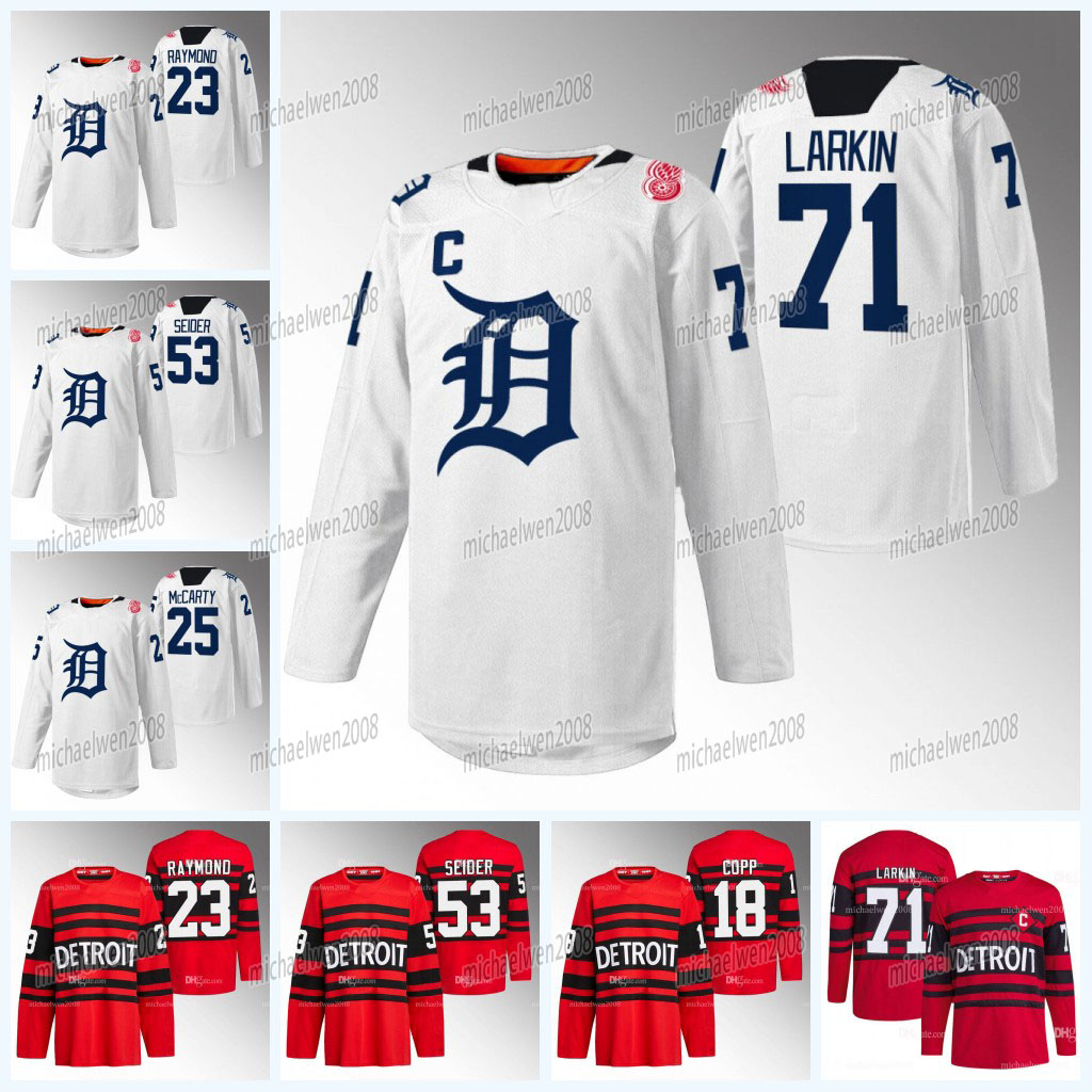 

Red Wings 2023 DRW Tigers Night Jersey Dylan Larkin Lucas Raymond Moritz Seider Robby Fabbri Michael Rasmussen Pius Suter David Perron Andrew Copp, White