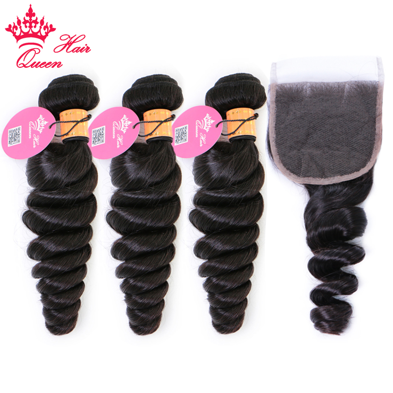 

Indian Hair Bundles With Lace Closures 100% Unprocessed Virgin Human Raw Hair Extensions Loose Wave Queen Hair Products Bundle With Closure, Natural color