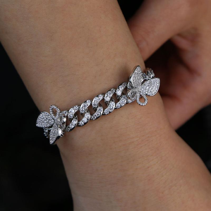 

Link Bracelets Silver Color Clear 5A Cubic Zirconia Cz Miami Cuban Chain 3 Pcs Butterfly Charm 10mm Women Bracelet