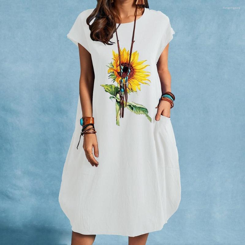 

Casual Dresses Solid Color Short Sleeve Dress Women's Sunflower Print Loose Knee Length Cute Pocket Shirt, Qywzm00013