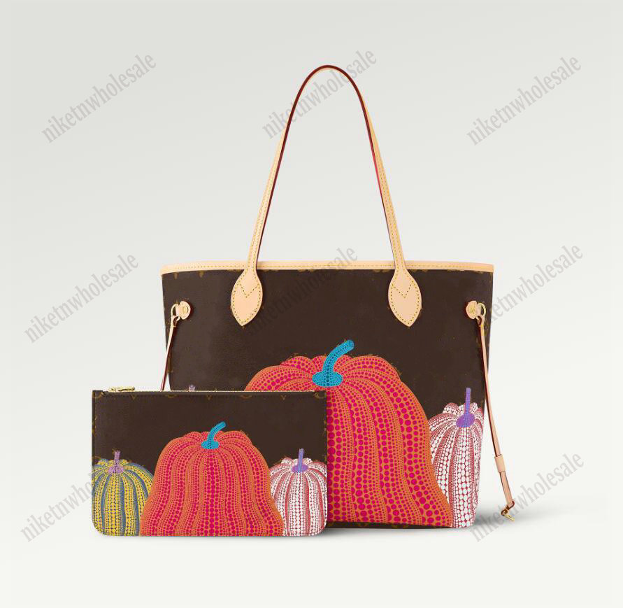 

Pumpkin Print YK Never MM Full Shopping Bag With Zipped Pouch M46468 Yayoi Kusama Leather Handbag 2023 Dots Never Tote Purse Wallet, Color-01