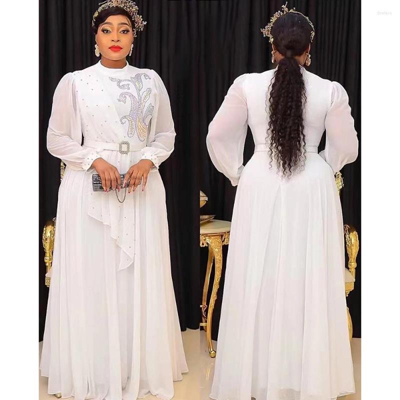 

Ethnic Clothing Dashiki African Dresses For Women Summer Elegant Long Sleeve O-neck Polyester White Pink Dress Maxi