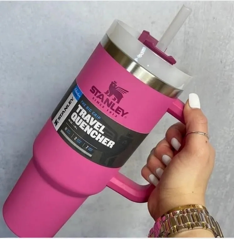 

40oz Pink Stanley with Logo Water Bottles With Handle Insulated Stainless Steel Tumbler Lids Straw Car Travel Mugs Coffee Tumbler Termos Cups, Multi with logo
