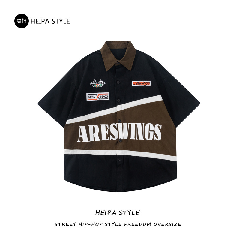 

Men's Casual Shirts Original American retro embroidery heavy locomotive short sleeved shirt men's fashion brand summer fried Street niche racing 230410, Red