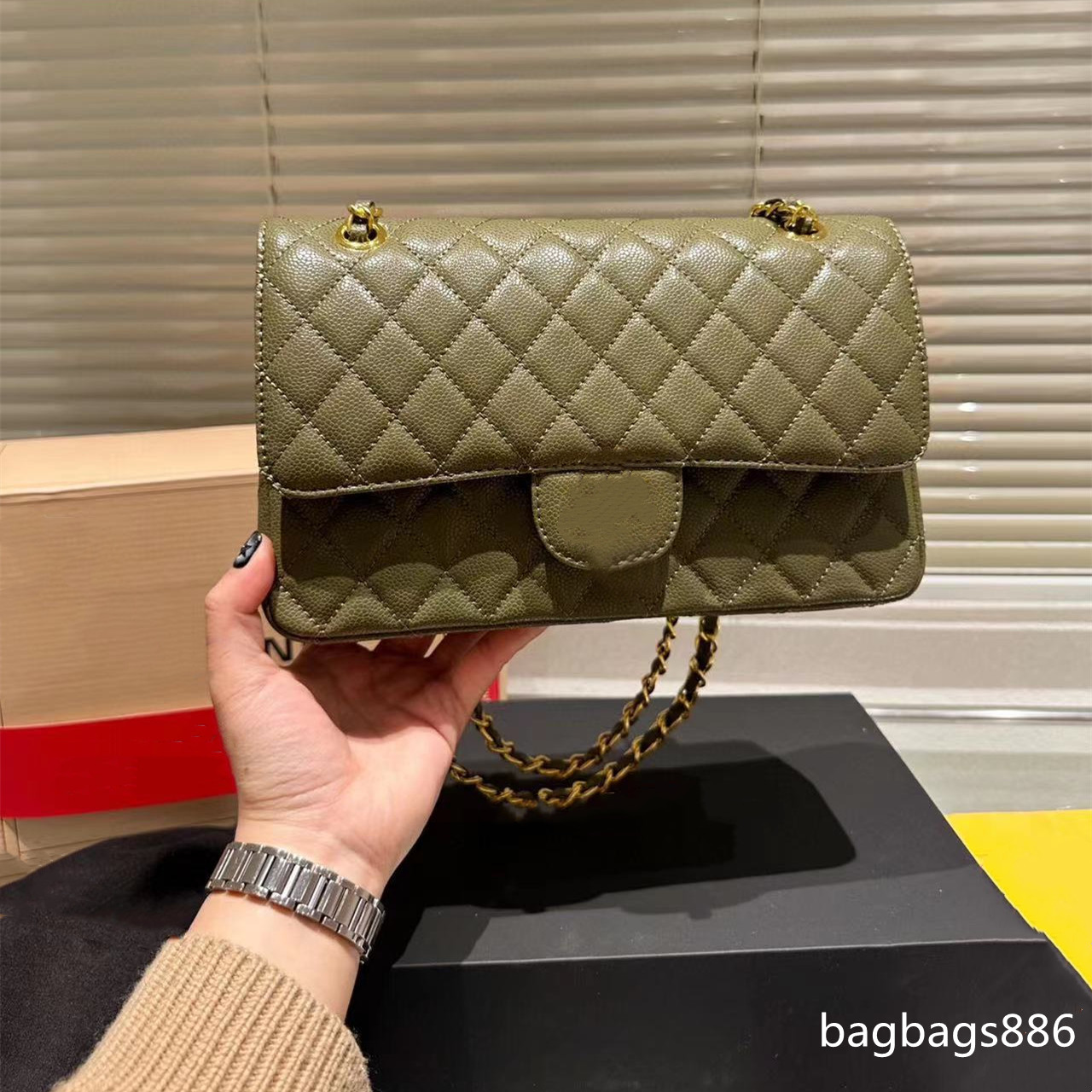 

Classic C double bag disc women's giant caviar calfskin leather quilted handbags more than small handbag purse gold/silver metal hardware Crossbody shoulder bag 25cm, Pink colored caviar silver chains