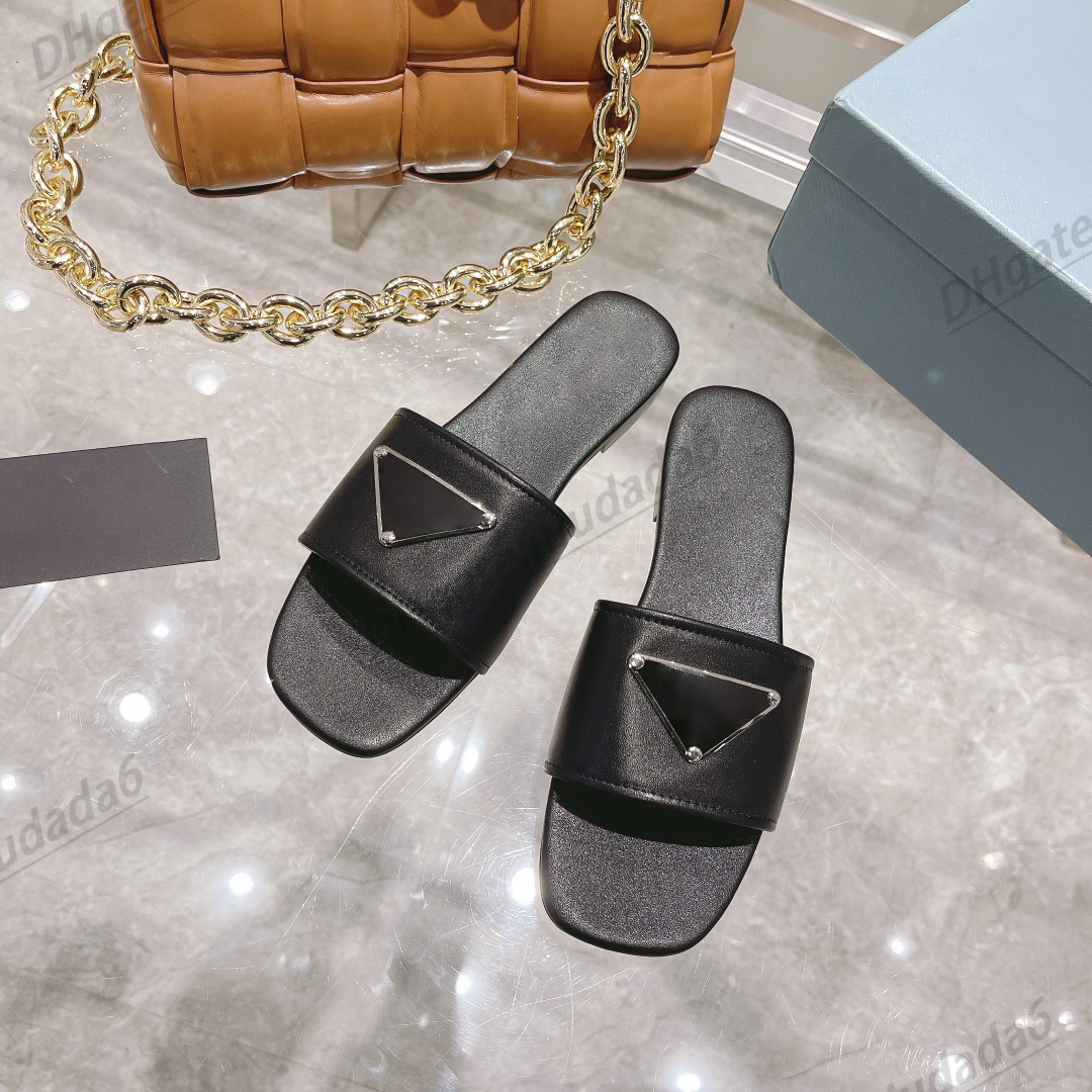 

Classic designer Slippers slide for women luxury Saffiano sleek leather Embroidered fabric comfort flat Enameled shoe metal triangle sandal, #2