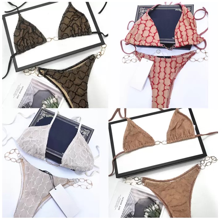 

Designer bikini swimsuit Trendy Embroidery Mesh Bikini Set Designer Metal Letter Swimwear Ladies Summer Chain Swimsuit Women Soft Touch Swimming Wear, Gx2