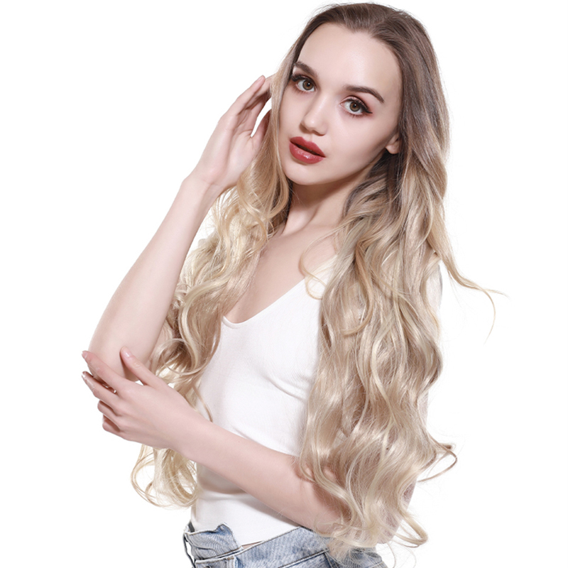 

One-piece Clip Hair Fluffy V-shaped Hair Extension Piece Natural Wig Female Long Curly Hair Big Wave Volume Heat-resistant High Temperature Wire Daily Party Styling, 1b