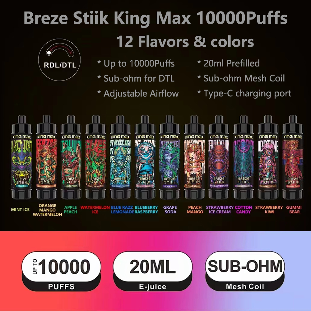 

new disposable vape breze Stiik King Max 10000 puffs e cigarette vape disposable 20ml pod SUB-ohm DTL mesh coil 12 flavors 10k vapes rechargeable big vapor puff 10000