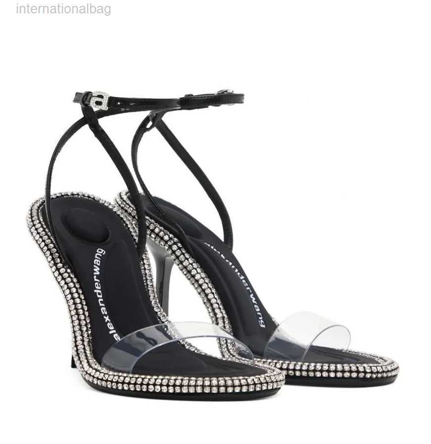 

Luxury Summer Wang Delphine Sandals Shoes Women Black Stain Pointed toe Julie Slingback Crystal Branding Around Ankles Straps Lady Sexy High Heels EU35-40