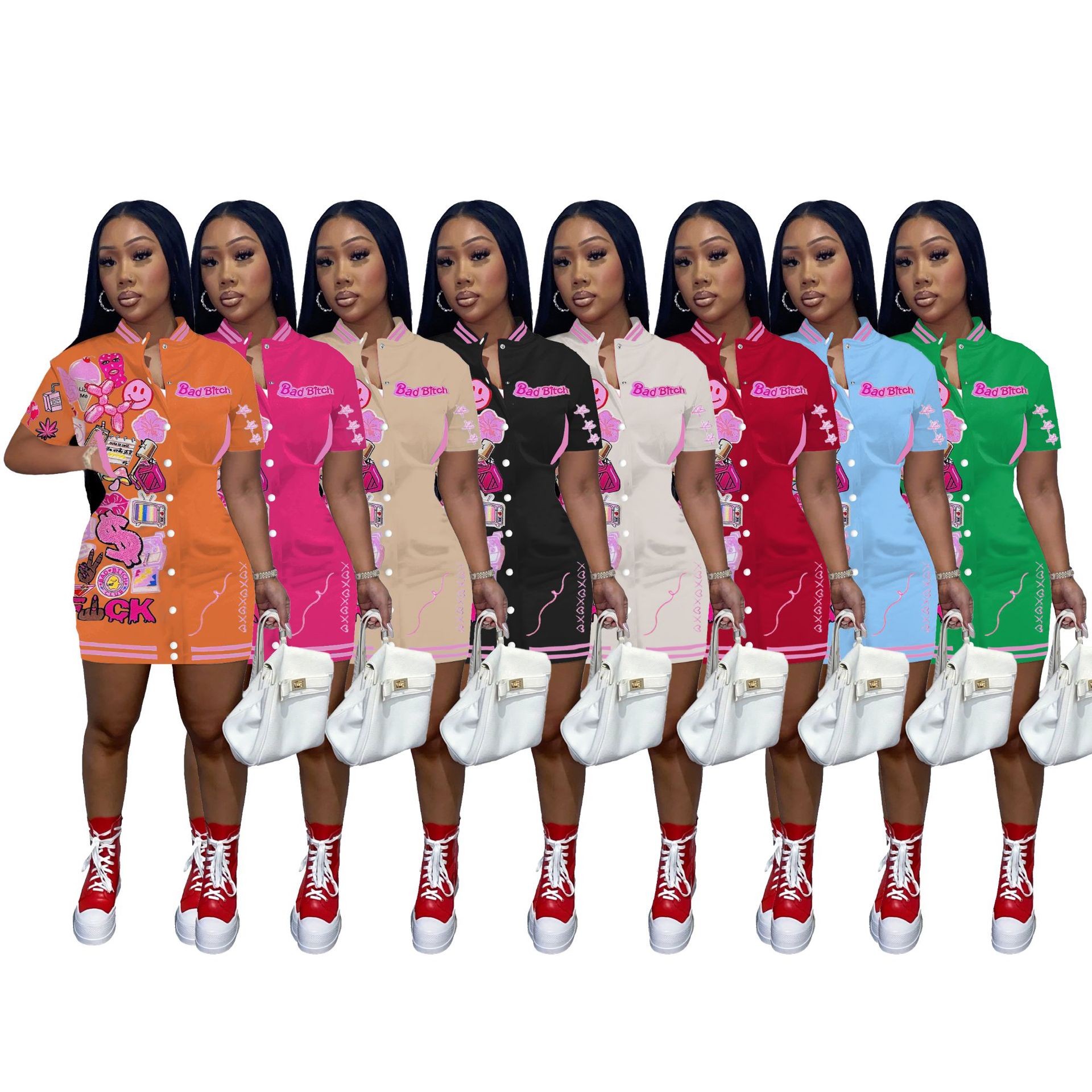 

2023 Designer t shirt dress Women's fashion printing short-sleeved dress solid color stretch casual button thread printing personalized dress, Mix colours or leave a message