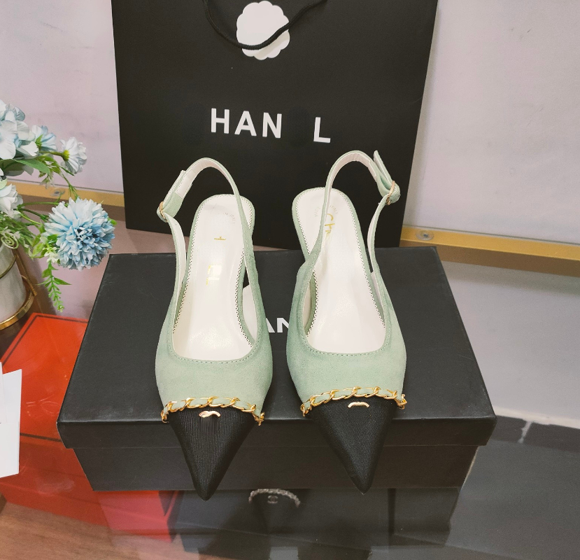 

Fashion Brand Sandals Leather Chain Pointed Toes High Heels Slingbacks, Black