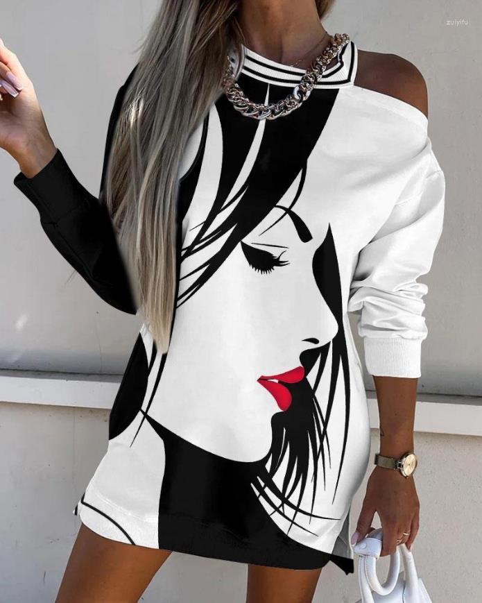 

Casual Dresses For Women 2023 Elegant High Quality Fashion Figure Print Cold Shoulder Long Sleeve Mini Daily Slit Dress