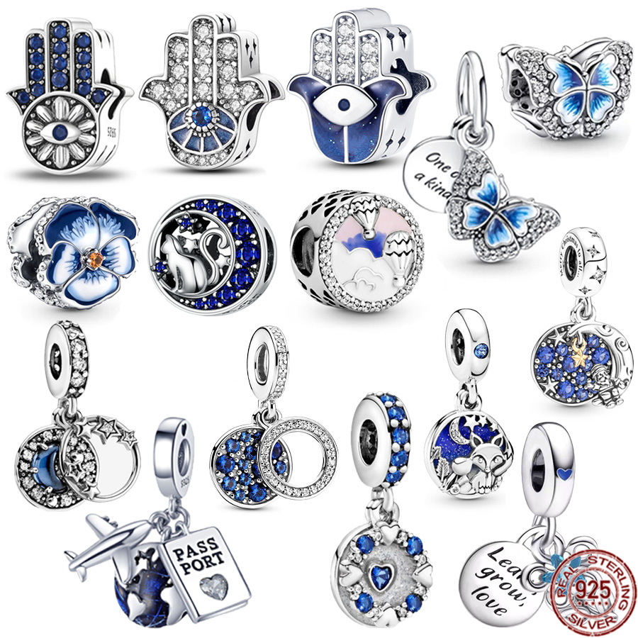 

925 Sterling Silver Blue Devil's Palm Eye Charm Moon-Watching Fox Butterfly Dangle Jewelry Bead Fit Original Pandora Bracelet