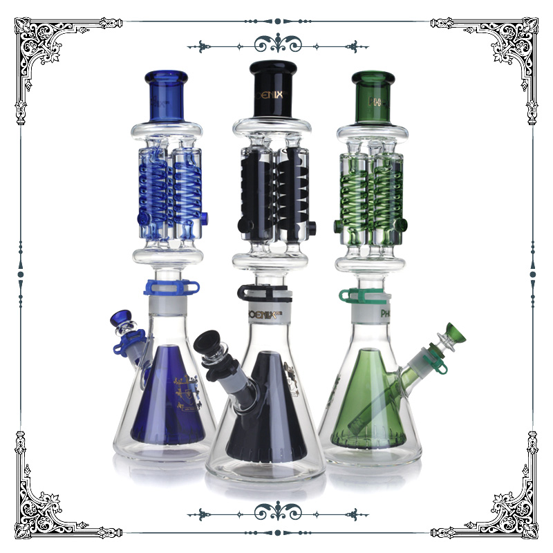 

Freezable Glass Bong Hookahs Condenser Coil Water Pipes triple helix Percolator Build A Bong Oil Dab Rigs Unique Beaker bongs factory wholesale