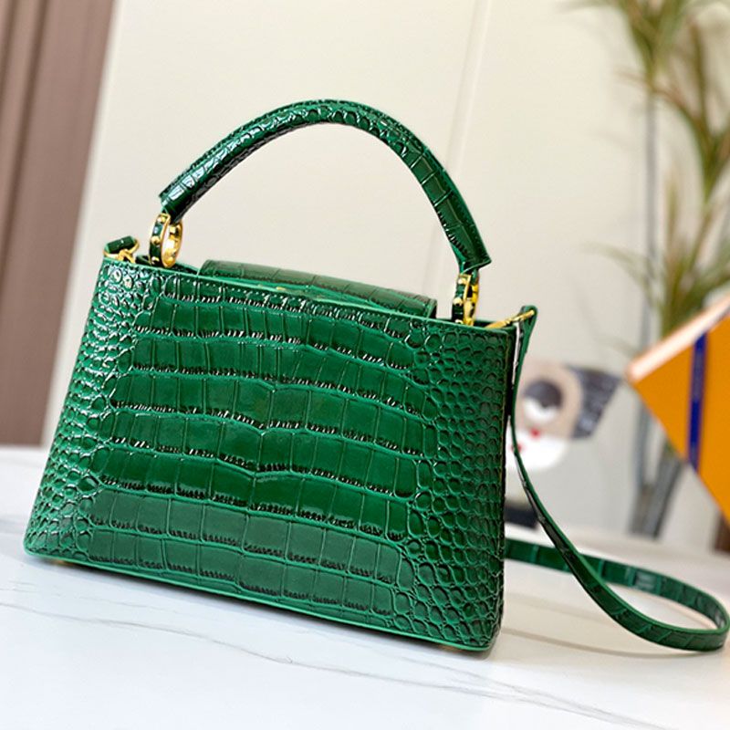 

Luxury designers of luxury handbags women shoulder bag big capacity crocodile pattern shopping bag gold hardware internal magnetic clasp removable belt, Black