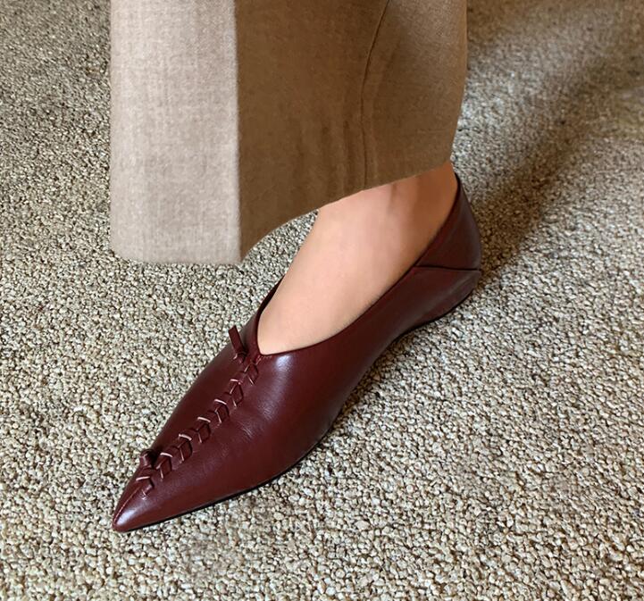 

Black Burgundy Pointed toe Loafers Cow Leather Women Flat Single Shoes Fashion Wedding Dress Shoes