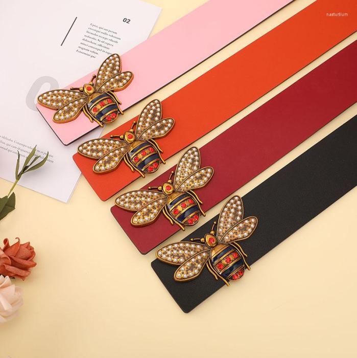 

Belts Leather Wide Belt For Women Bee Pearl Buckle Jeans Black Red Pink Ladies Designer Strap Female Waistband2131686