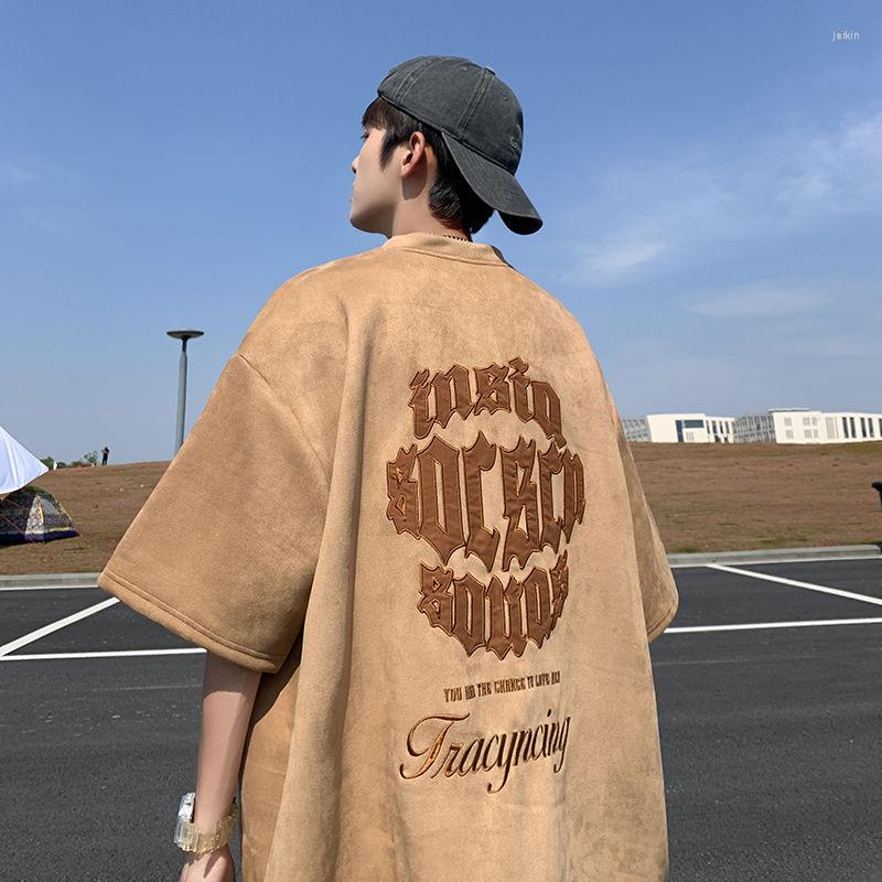 

Men' T Shirts Suede American Retro Heavyweight Shirt Men Summer Trendy Brand All Match Slimming The Ball Half Sleeved Y2k Top Harajuku, Brown