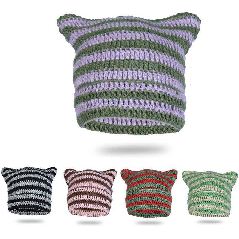 

HBP Stripe Contrast Cowhorn Wool Hat Personality Knit Hat Handmade Pullover Hat Adult Devil Tip Hat Cat Ear, Red + green