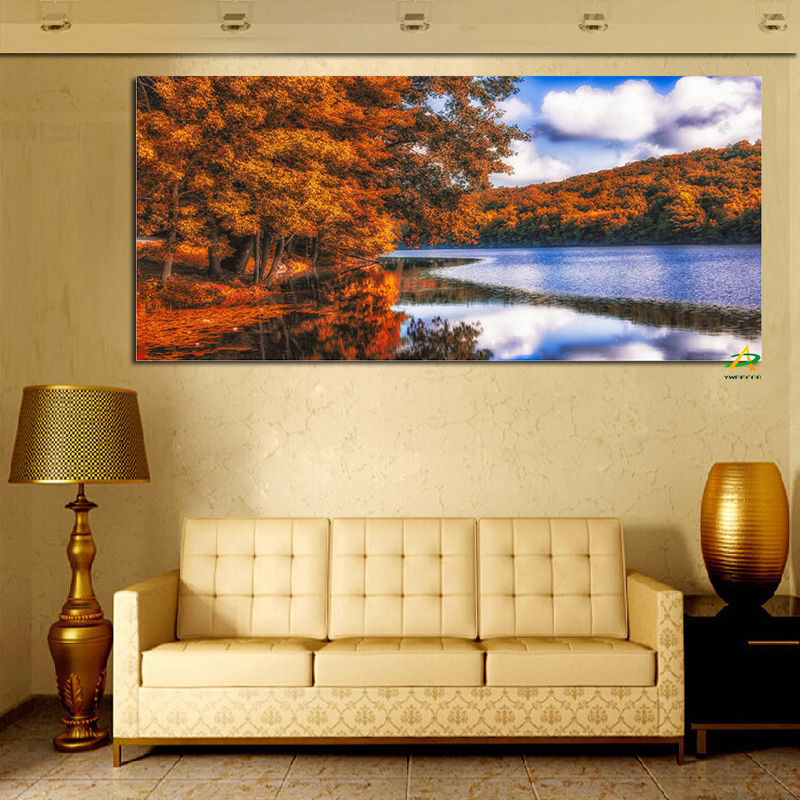 

Painting HD Print Autumn Lake Forest White Sky Landscape Oil Painting Modern Wall Picture for Living Room Canvas Pop Giclee Art Poster