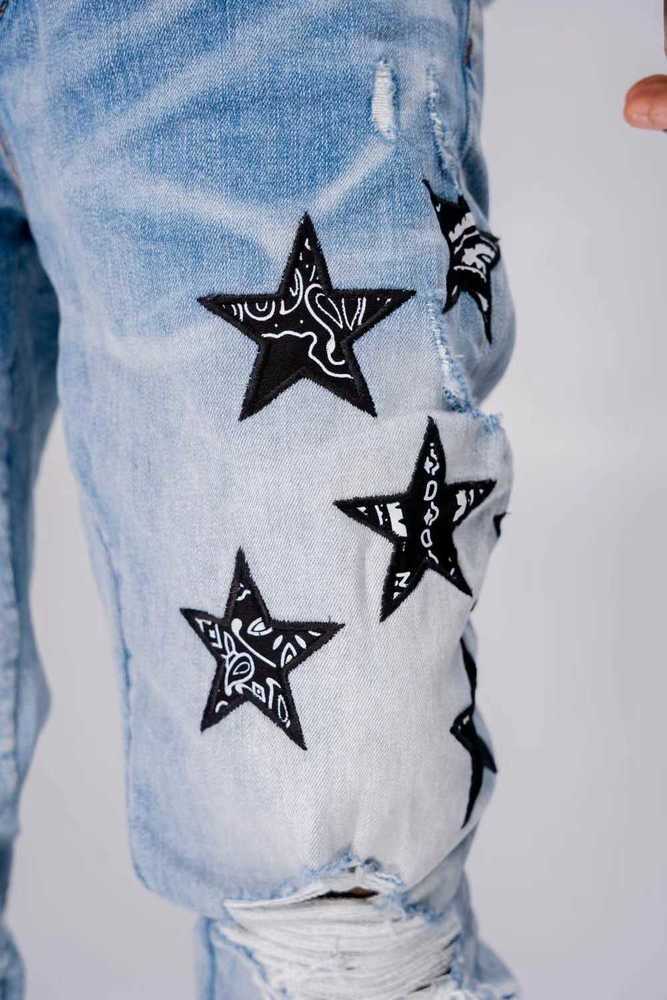 

Street Stylish Brand amirly Pants Cool Men's Leisure Ripped Jeans a High Designer Wash Blue Fashion Cashew Flower Five Star Embroidery Pa, Light blue
