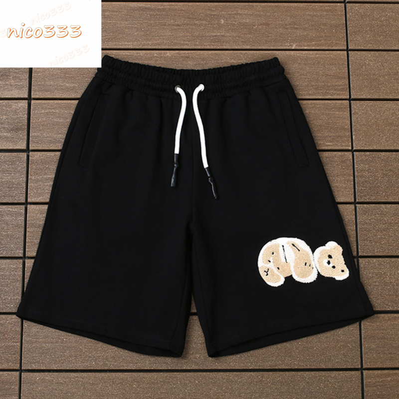 

23ss shorts flocked broken head bear print pattern cotton drawstring black versatile men women street five point shorts, #01