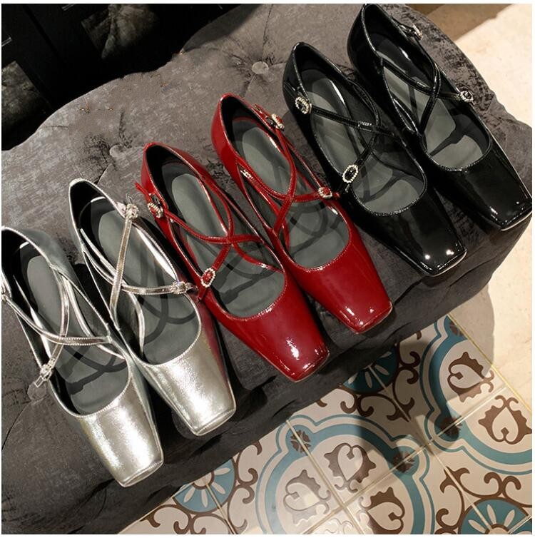 

Silver Criss Cross Mary Jane Shoes Fashion High chunky heel Womens Patent Leather Single Shoes, Red