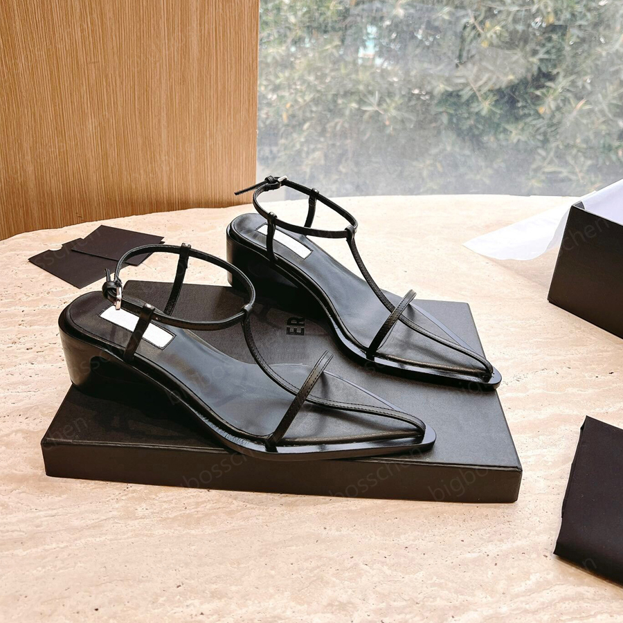 

Designer sandals ladies formal shoes Jil brand fashion thick heel thin strap leather combination open toe pointed dress shoes buckle office career beach sandals, Black