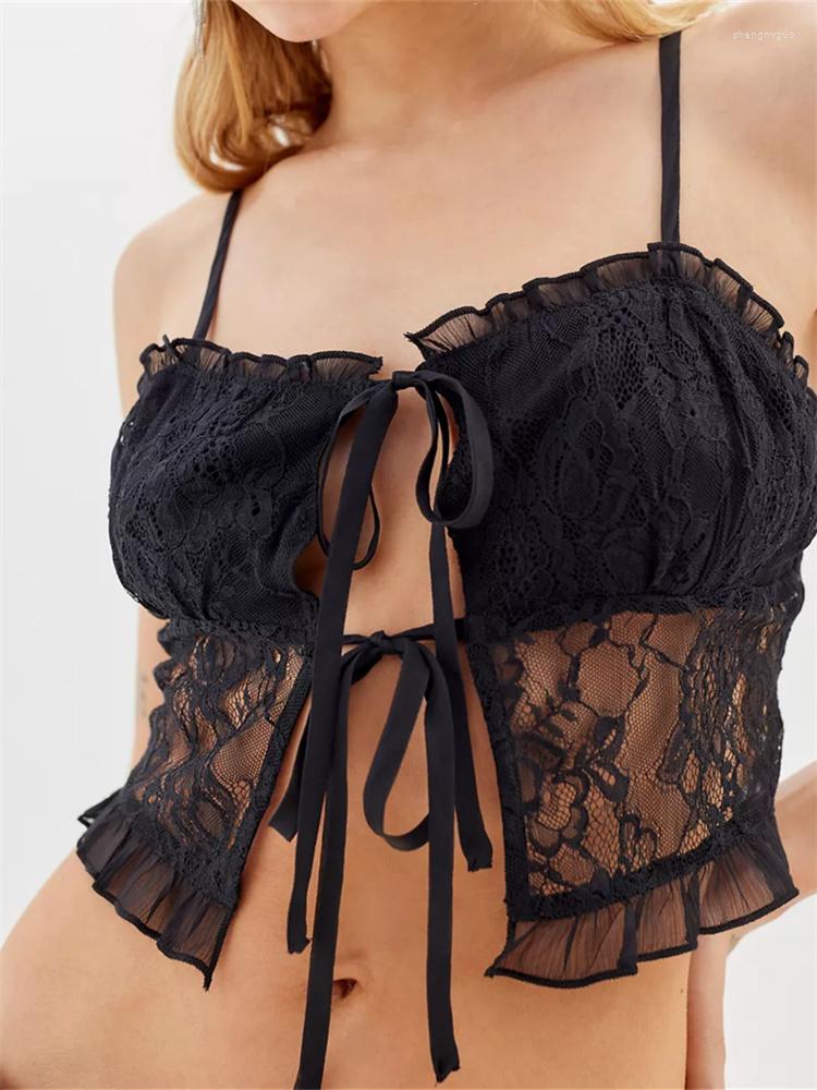 

Women' Tanks CHRONSTYLE Women Lace Mesh See Through Backless Camis Tops V Neck Corsets Sleeveless Strap Tank Vintage Vests Summer, Black