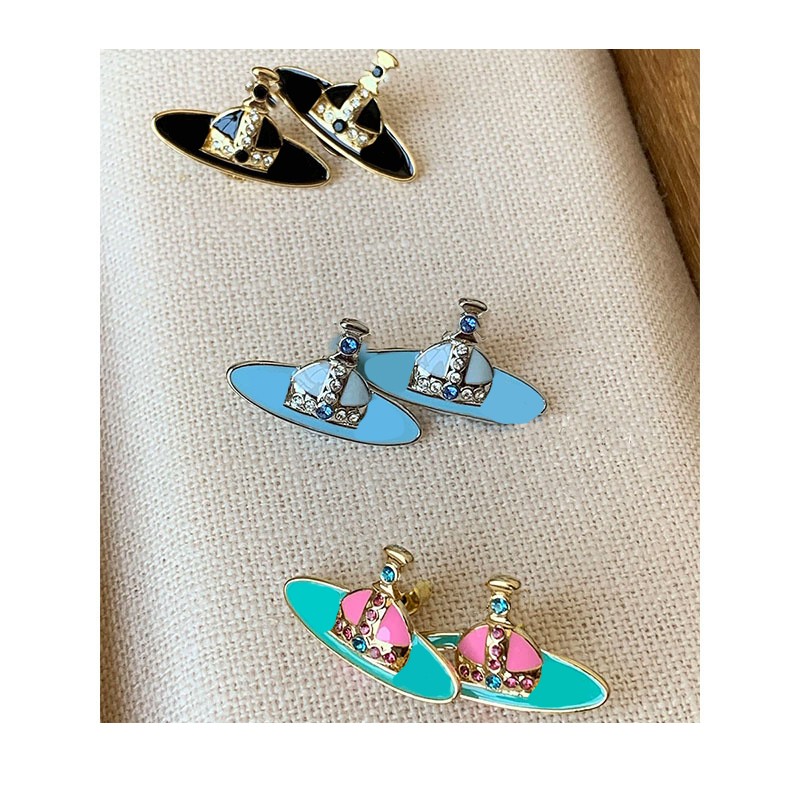 

Charm Studs earrings aretes vivi West Pacific Rear Color Blue pink black Saturn enamel ear Sweet cool ins show white color bump ear accessories Planet Saturn