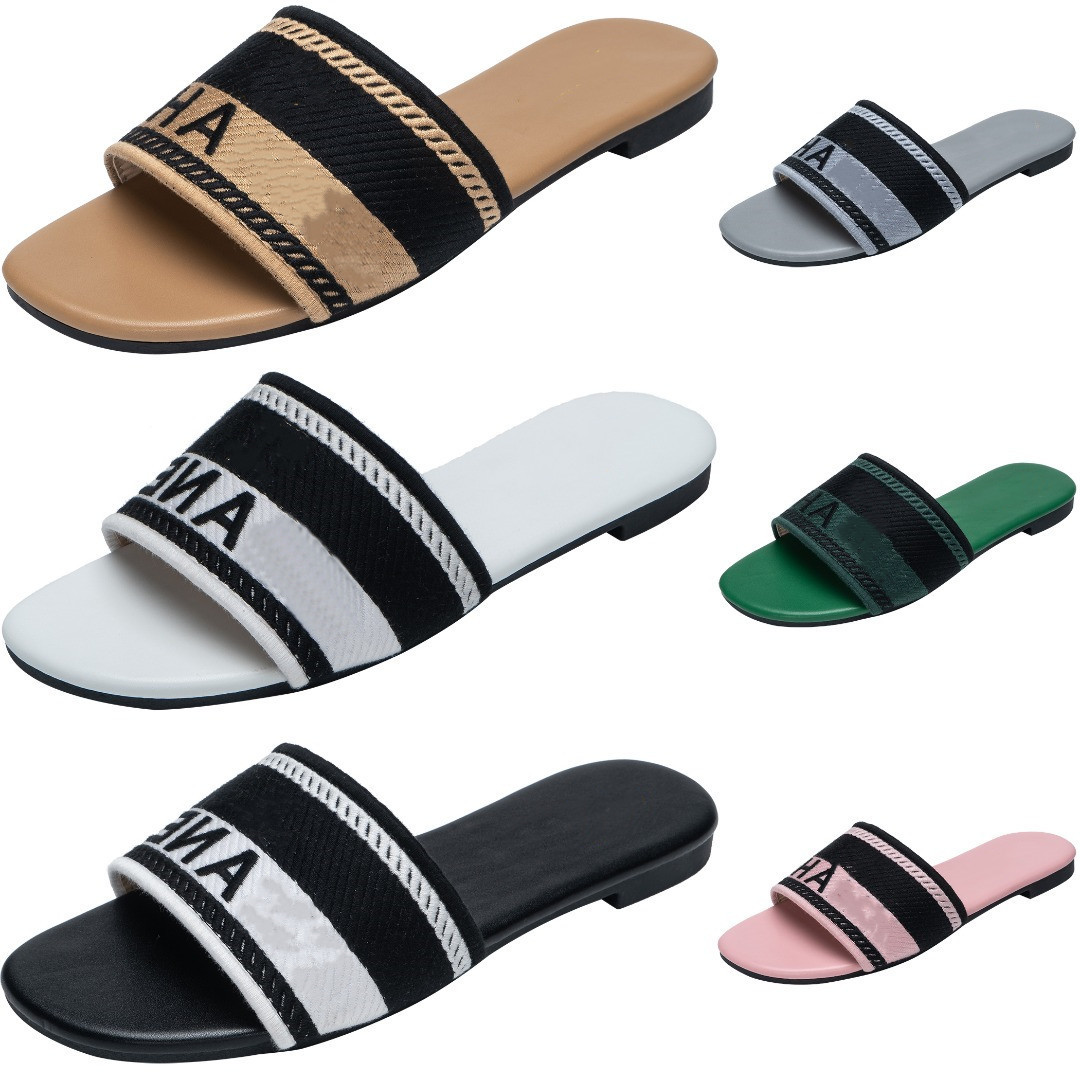 

2023 Paris Embroidered Dazzle Designer Slippers Womens Sandals Summer Beach Stripes Casual Flat Slippers Sliders women ladies flip flops Embroidery C Double, Real pcs pls contact