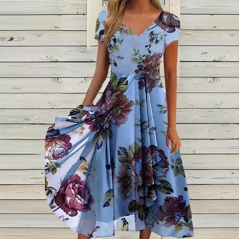 

Casual Dresses Bohemian Summer Dress Womens Sundress Fashion V Neck Midi Vestidos Female Solid Ruffle Asymmetrical Robe, Sky blue