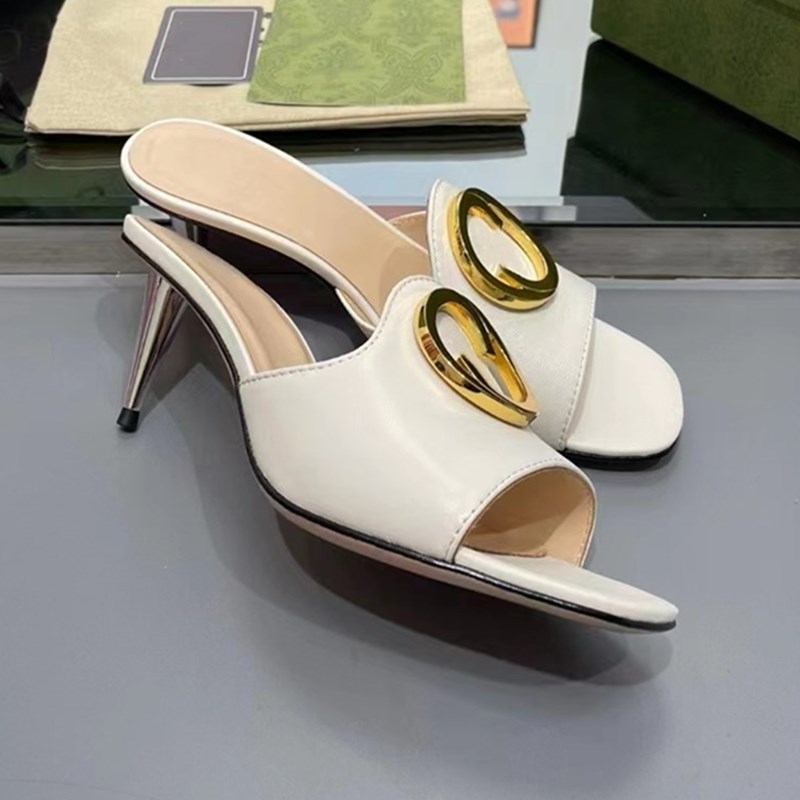 

Designer High Heels Metal Letters Sandals Women Dress Shoes Sexy Open Toe Slippers summer Fashion Leather Pumps slippets 7.5CM 35--41size, Greybox