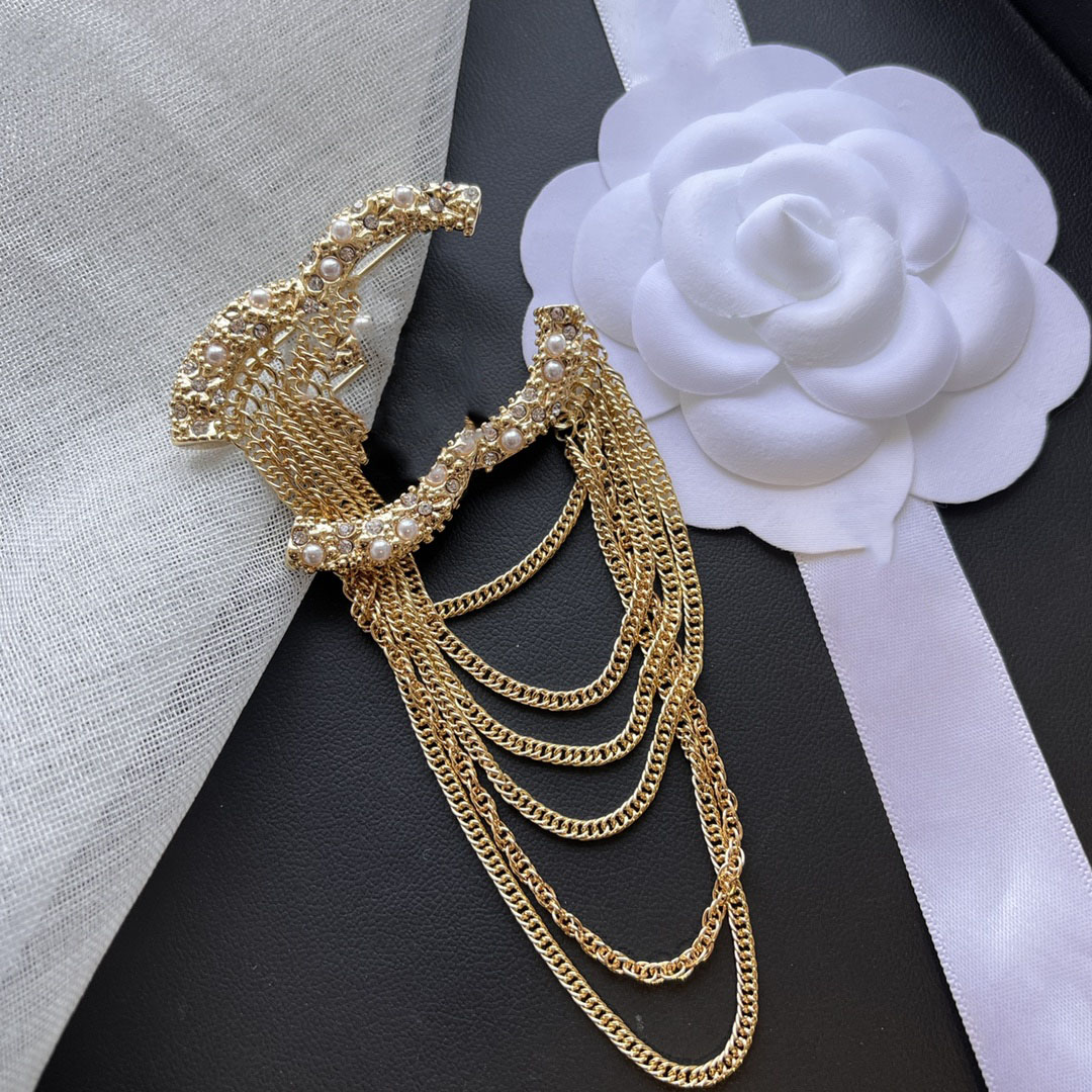 

Brand Designer Tassel Stainless Steel Brooches Sweater Suit Collar Pin for Men Women 18K Gold Plated Crystal Rhinestone Brooch Jewelry Gift D119