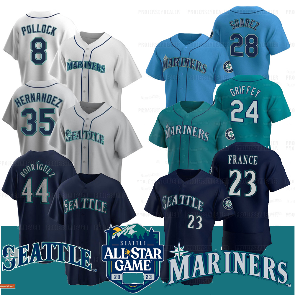 

Julio Rodriguez 2023 All Star Mariners Jersey Ty France AJ Pollock Ken Griffey Jr. Eugenio Suarez Teoscar Hernandez Jesse Winker Cal Raleigh J.P. Crawford Seattle Wong, 2017 white cool base