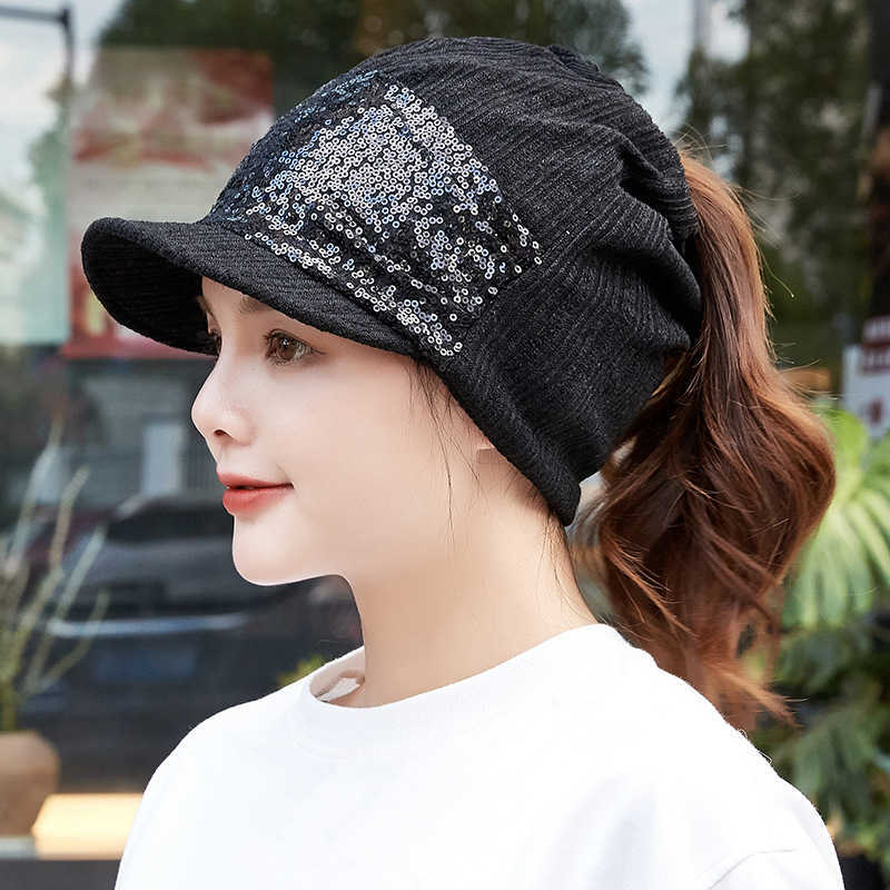 

HBP Foreign trade hats, women's empty top pullover hats, ponytail bun hats, shiny headband hats, breathable sequins, Korean version, trendy cross-border, Navy