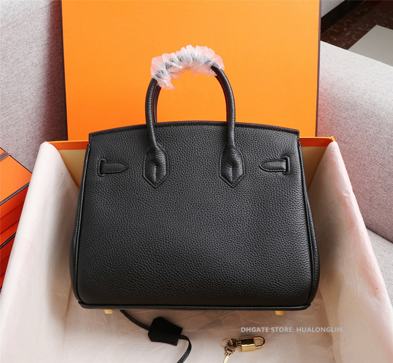 

Genuine leather women designer bag tote handbag ladies purse quality fashion luxury with lock 25cm 30cm 35cm gold and silver lock, Brown-gold