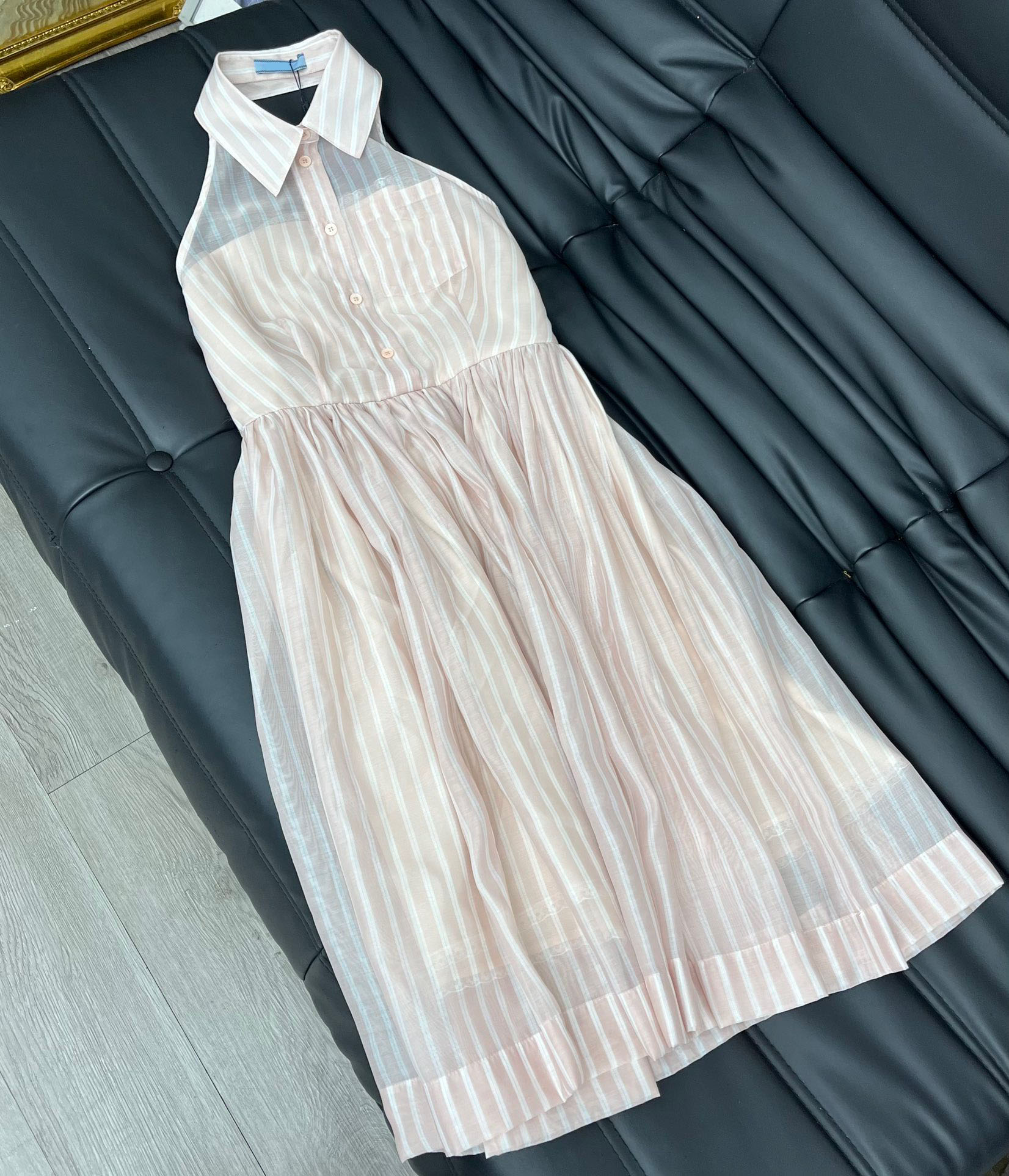

2023 Casual Dresses New Summer Elegant Turn Down Collar Letter Sleeveless Dress Women Stripe Pattern A-line Lady Loose Dresses, White