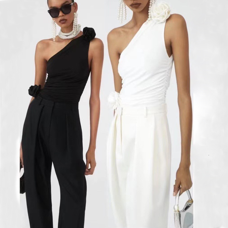 

Camisoles Tanks Summer Woman s Tees One Shoulder Skinny Tops 3D Flowers Camis Solid Casual Fold Design Shirts 230411, Black